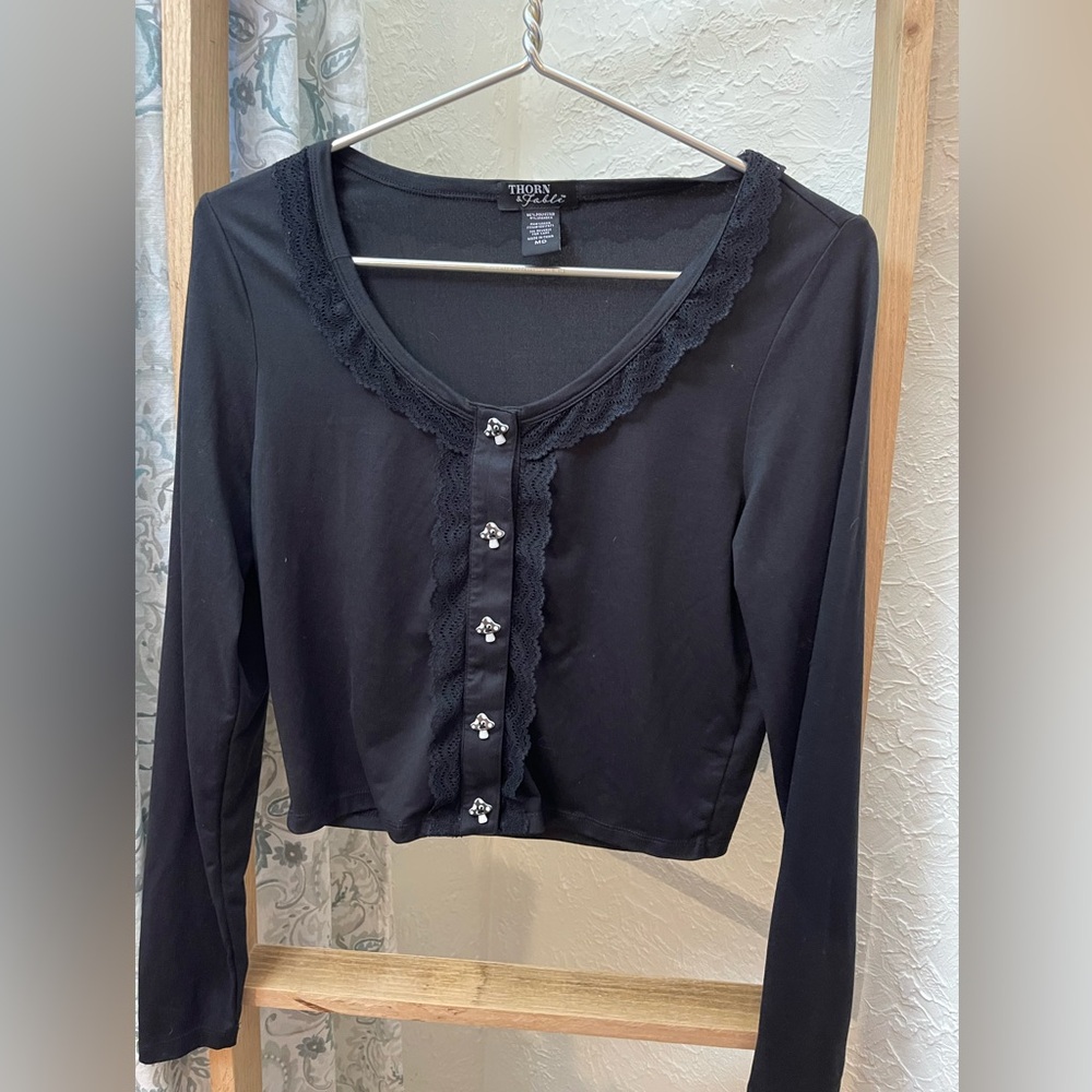 Thorn and Fable Black Lace Trim Button-Up Cardigan with Mushroom Buttons